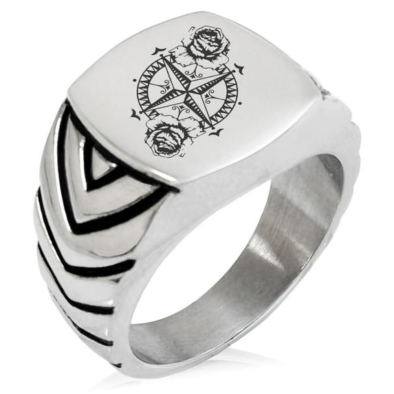 Stainless Steel Nautical Floral Rose Compass Chevron Pattern Biker Style Polished Ring
