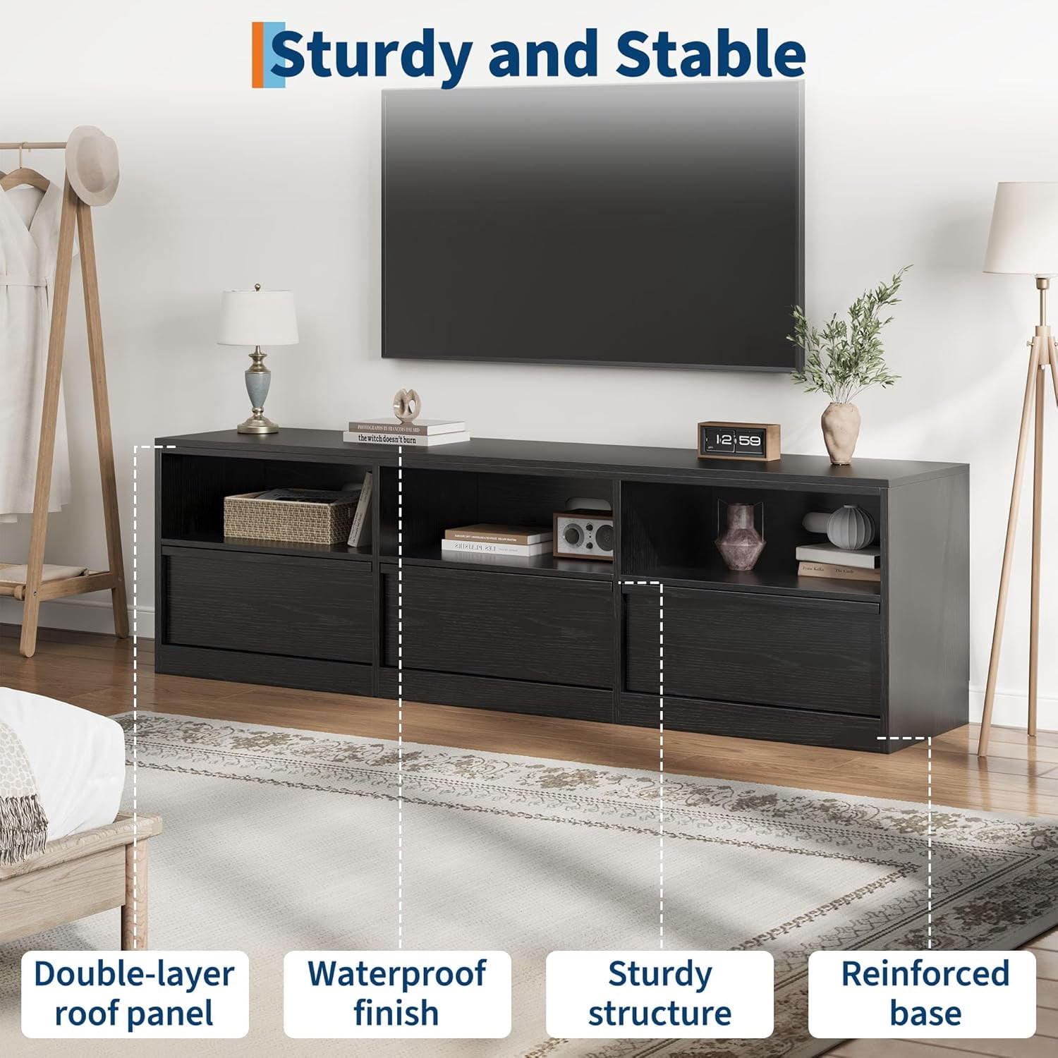 Garvee 70" TV Stand for TVs up to 85", Mid Century Modern Entertainment Center with Drawer, Open Shelves & Cable Management, Black