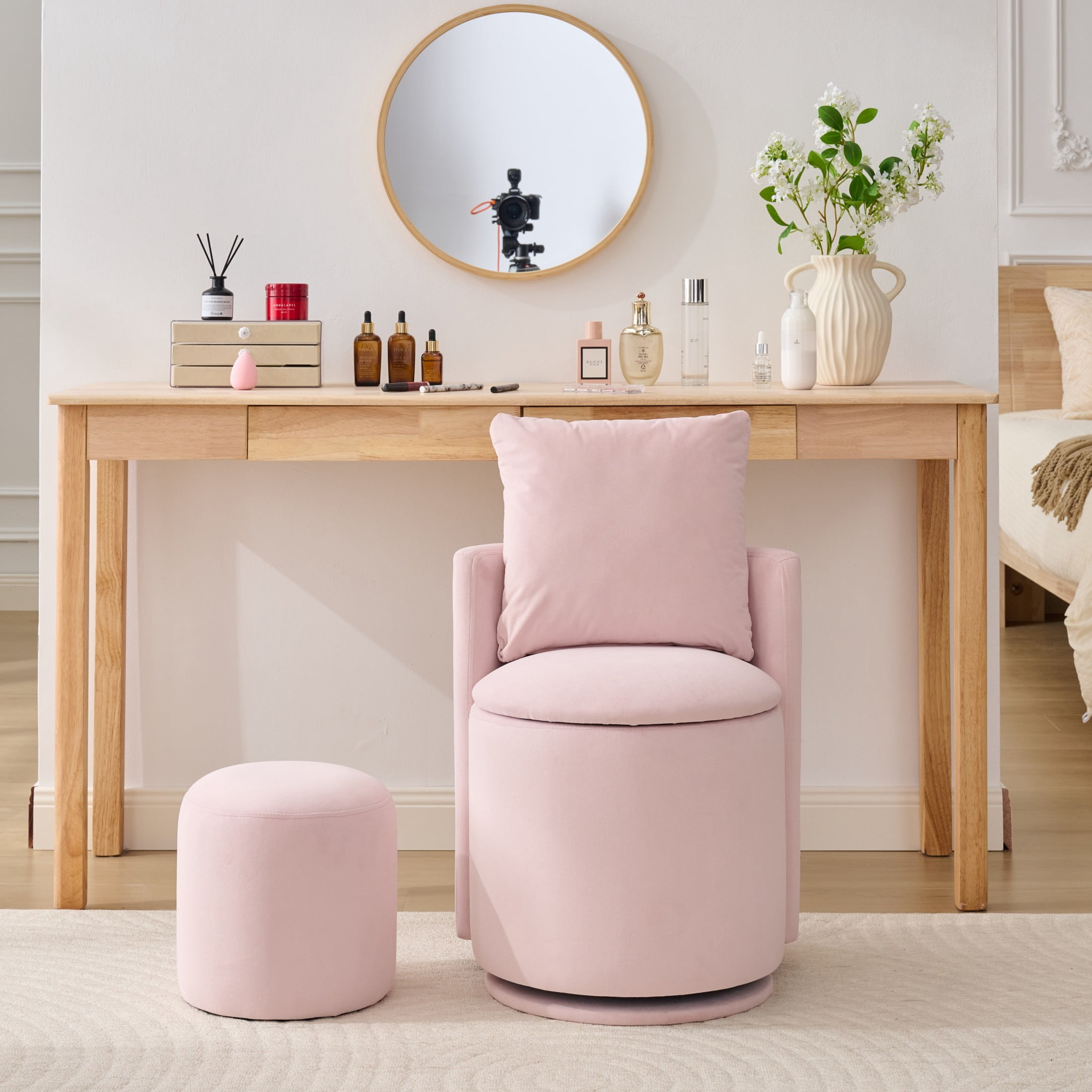 Noble House Velvet Swivel Accent Chair with Ottoman & Toss Pillow, Storage Barrel Chair, Pink