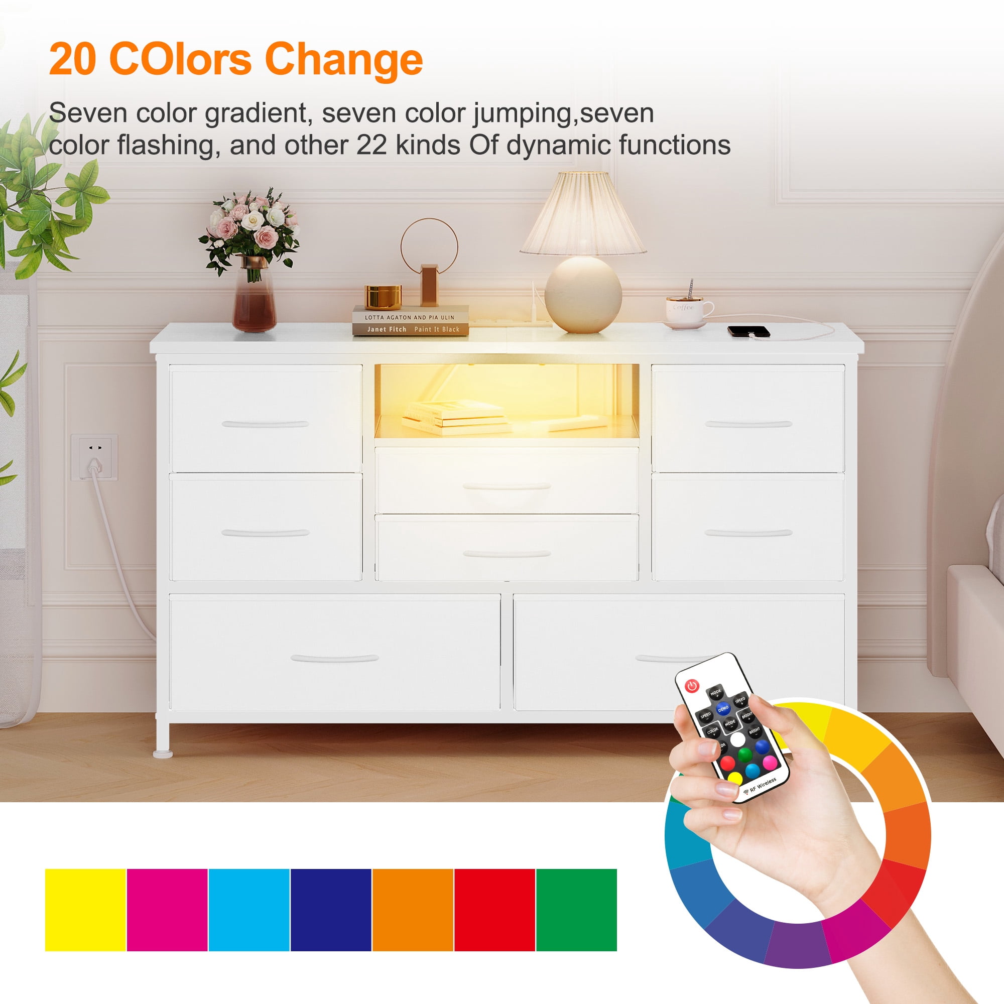 KOKEBREN 47.4"Wide Dressers for Bedroom 8 Fabric Drawers Dresser with LED lights & Power Outlet TV Stand for 55" TV,White