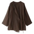 thumbnail image 1 of TRAFZA, conjunto de camisa de lino de Color sólido a la moda de verano para mujer, cárdigan con cinturón, Top tipo kimono + pantalones plisados de cintura alta para mujer, 2 piezas, 1 of 5