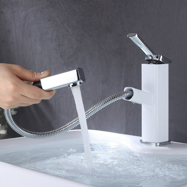 KAIYING Robinet de Lavabo de Salle de Bain à une Poignée avec Pulvérisateur Extractible, Bec Rotatif, Mitigeur de Lavabo à Bec Rétractable pour Eau Chaude et Froide (Régulier, Chrome et Blanc)