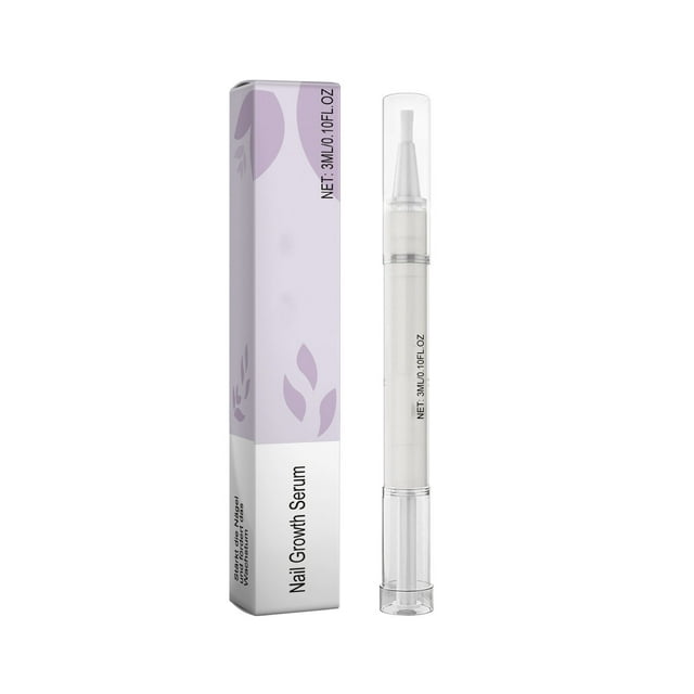 lápiz para el cuidado de las uñas | solución para uñas de los pies (3 ml) vista frontal centrada de un lápiz aplicador blanco con tapa transparente y punta fina junto a su caja blanca y lila con hojas decorativas; indicado para engrosar, reparar y abrillantar uñas granuladas, y suele usarse para retoques de viaje.