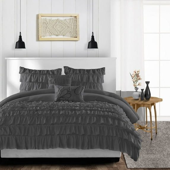 Duvet Cover 3 Piece Egyptian Cotton Cozy & Super Soft 600 TC Multi Ruffle Duvet Covers with Zipper Closure & Corner Ties Soft Comforter Cover (Super King Plus, Dark Grey )