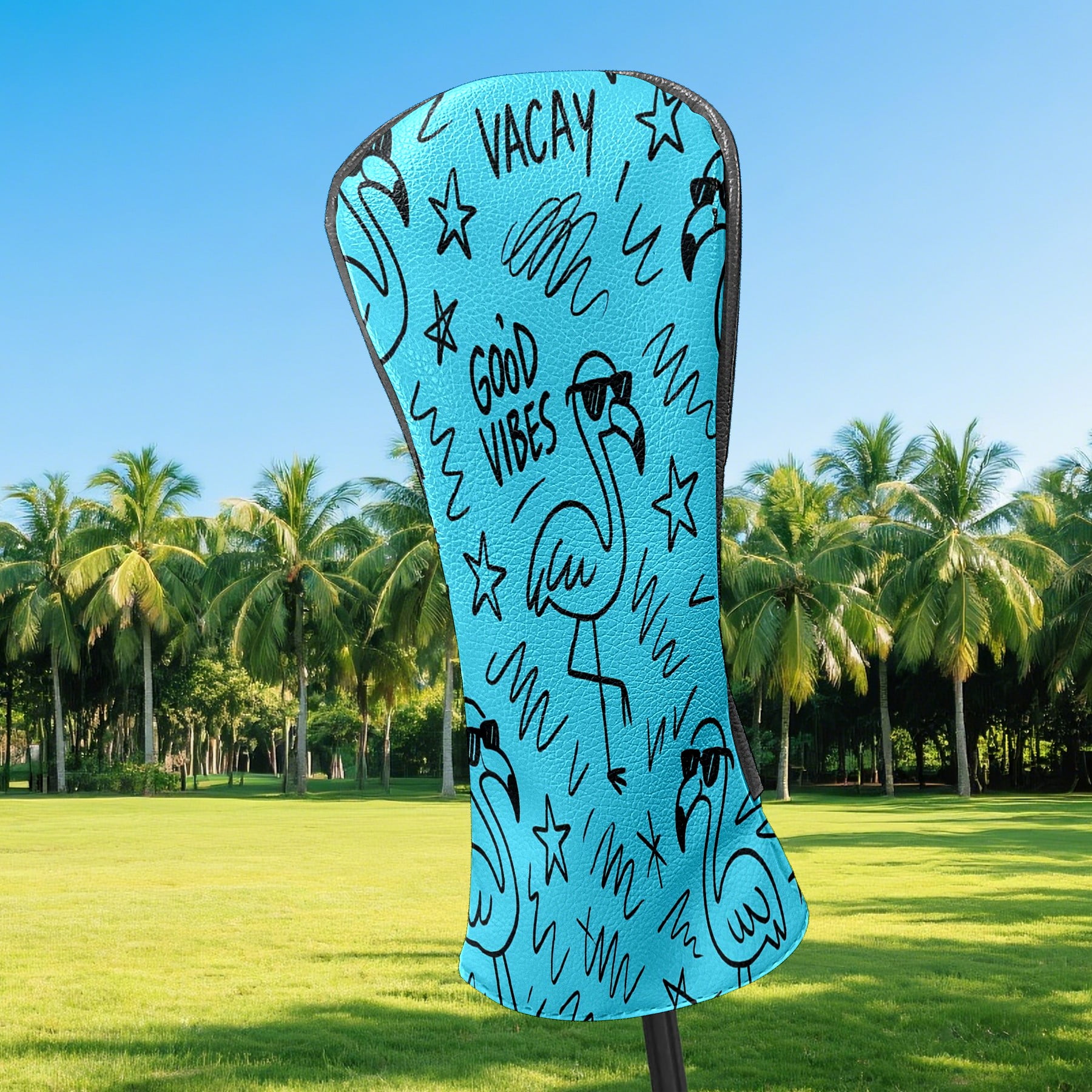 Golf Club Head Covers - Blue Flamingos Vacay Design, Premium PU Leather Driver Hybrid Headcovers with Velvet Lining, Waterproof Golf Gifts for Men Women