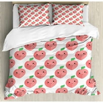 Peach Duvet Cover Set, Kawaii Style Fruits with Smiling Faces and a Leaf Funny Cartoon Pattern, Decorative 3 Piece Bedding Set with 2 Pillow Shams, King Size, Pastel Pink White Green, by Ambesonne
