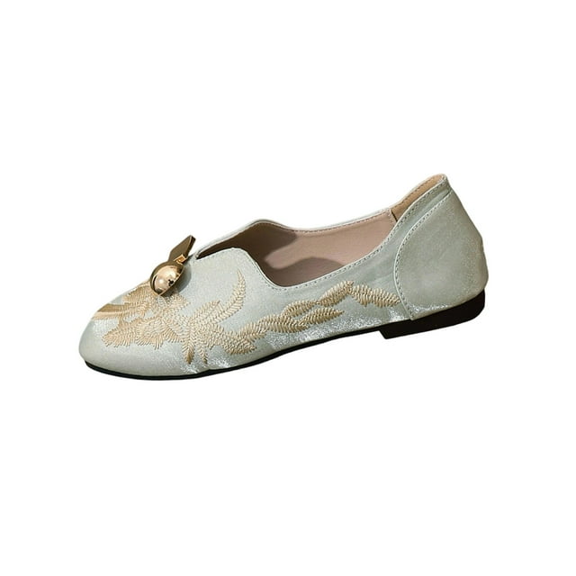 WLOELOEW Metal Decorated Embroidered Loafers For Women Low Heel Casual Flat Shoes Spring Summer All Match Versatile Style Plus Size Us 6
