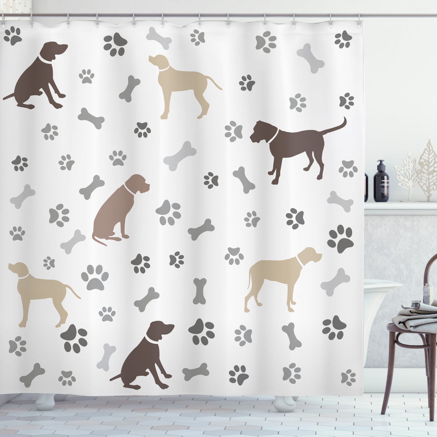 Charcoal Grey 70 Inches Black Silhouettes of Pets in Various Positions Friendly Playful Dog Breed Cloth Fabric Bathroom Decor Set with Hooks Ambesonne Labrador Shower Curtain