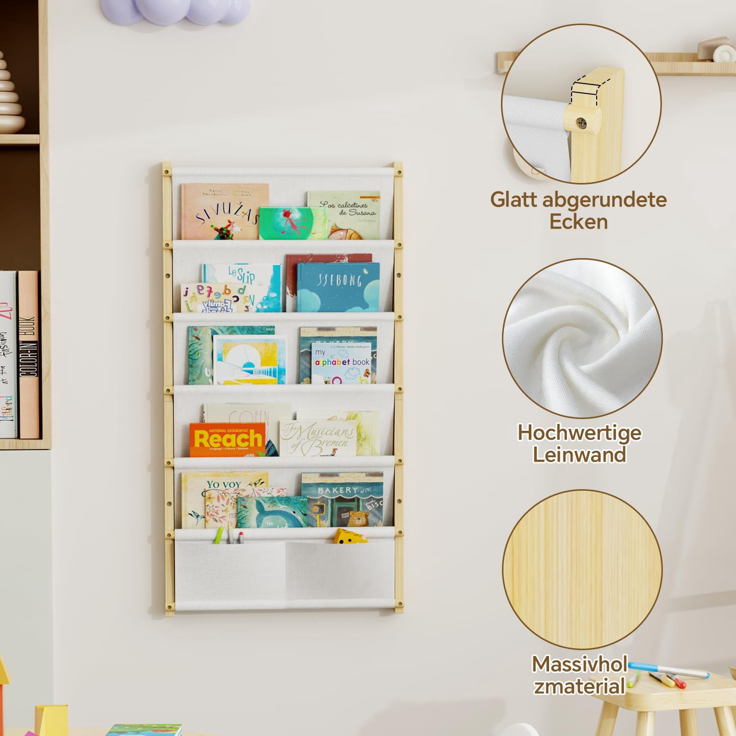Wood 6-Tier Wall Mounted Kids Bookshelf – Montessori Floating Book Shelf For Kids Rooms, Classroom, Hanging Bookcase Organizer For Books, Toddler Book Shelf, Nursery Shelves (Small)