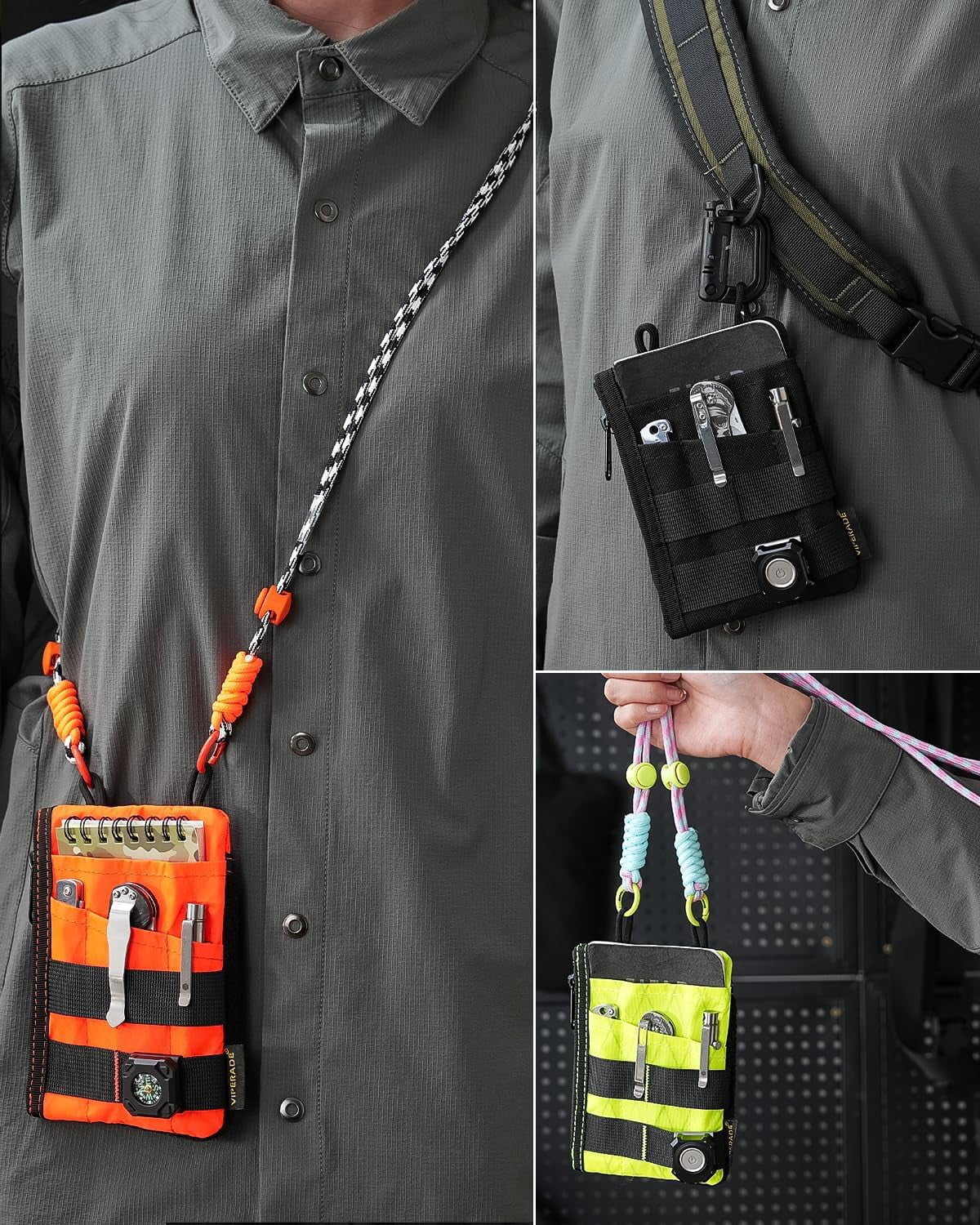 VIPERADE EDC Pocket Pouch with Strap, 5 EDC Pocket with 2 Zipper Pockets, Pocket Ogranizer for Men, Small EDC Sling Organizer Bag, Slim EDC Wallet Multitool Pocket Pouch (XPAC-Hot Lime)