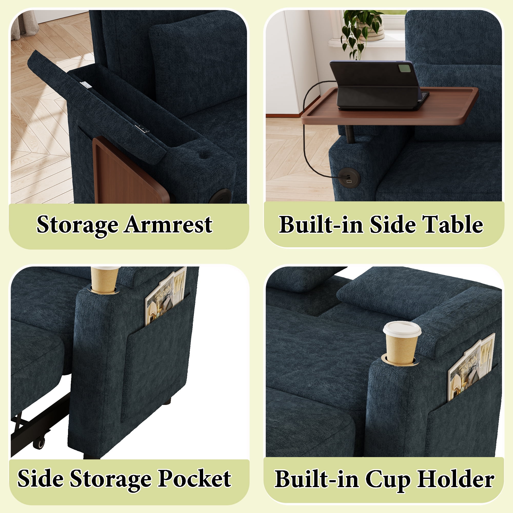 83" 3-in-1 Chenille Foldable Sofa Bed with Electric Chair,USB Ports,Table Board,Storage Armrests & Adjustable Backrest,3-Seater Sleeper,Blue