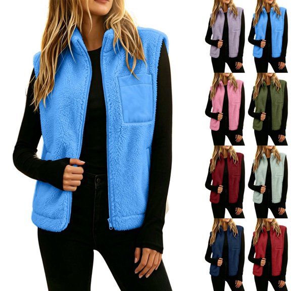 Women's Sherpa Fleece Vest Zip Up Stand Collar Sleeveless Gilet Loose Fit Casual Warm Layering Outerwear with Pockets for Fall Winter Everyday Wine