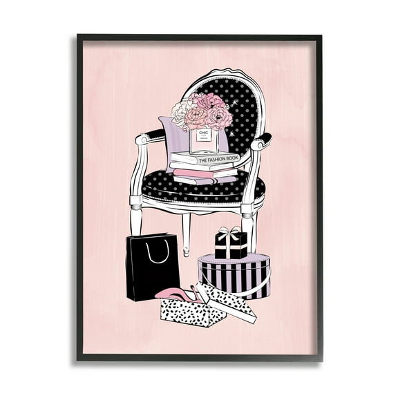 Stupell Industries Chic Fashion Still Life Chair with Shopping Bags Beauty & Fashion Painting Black Framed Art Print Wall Art, 11 x 14