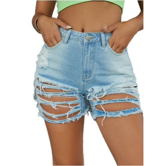 EILLY BAZAR Denim Shorts for women Cut Out Ripped Raw Hem Female Shorts Light Wash S