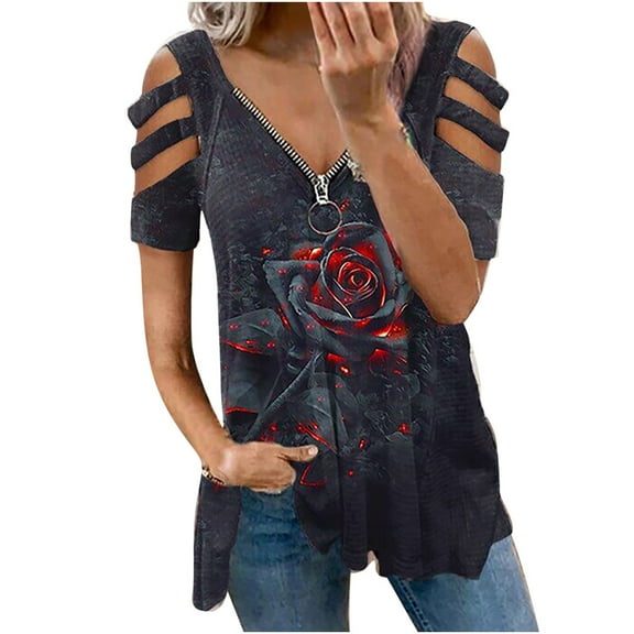 Giftesty Womens Plus Size Clearance Fashion Women Hollow Out Print V-Neck T-Shirt Short Sleeve Casual Blouse