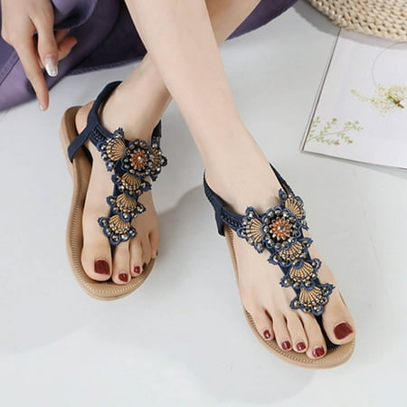 

DAETIROS Flower Rhinestones Summer 0pen Toe Beach Bohemian Prevalent Womens Sandals Blue Size 8.5