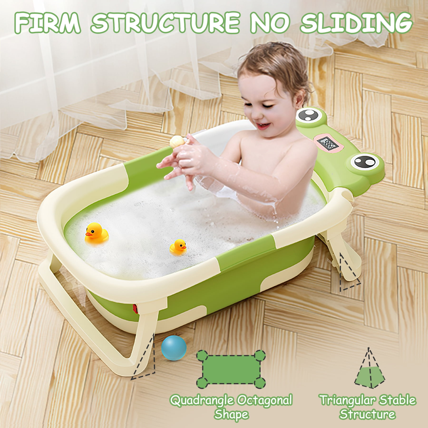 Baby Bathtub, Collapsible Newborn Bathtub for Infant to Toddler 0-12 Months with Soft Cushion+Baby Tub Sling and Thermometer, Portable Travel Bathtub, Foldable Infant Bathtub with No-Slip Feet, Green