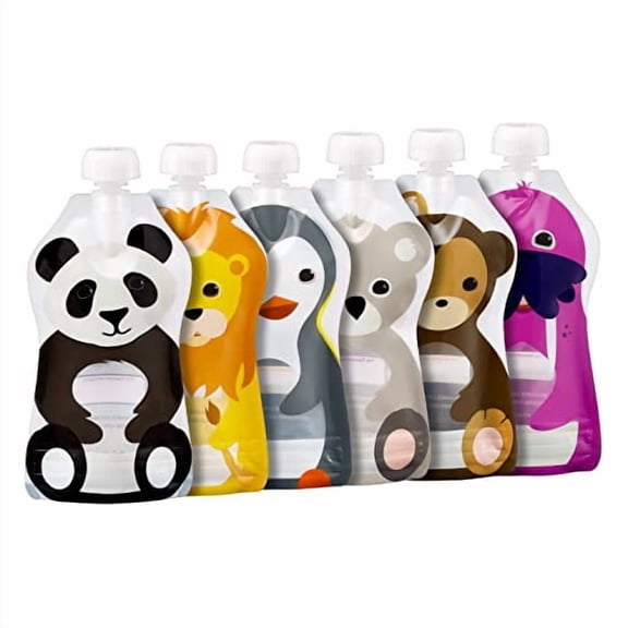 Squooshi Reusable Food & Snack Squeeze Pouches –6 Pack of Animals (Large 5oz)