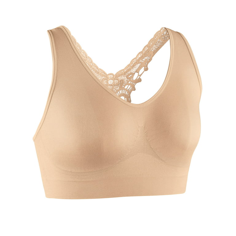 Collections Etc Women's Seamless Lace Butterfly Racerback Bra - Soft Nylon  with Slip-On Design, Nude, Large