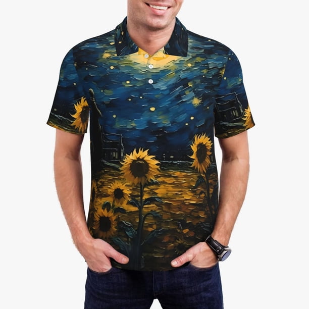Balery Oil Starry Sky Sunflower Camisa Polo de Hombre con Estampado, de Manga Corta y Tejido Medio, Camisa Tipo Golf Polo-Medium