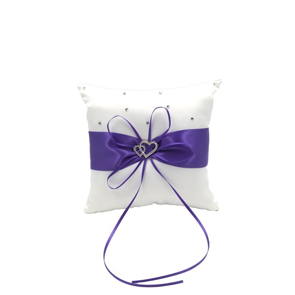 Abbie Home Coussin de Mariage Bleu Royal avec Ruban, Nœud Papillon, Double Cœur, Décor en Strass, pour Fête (Coussin Violet)