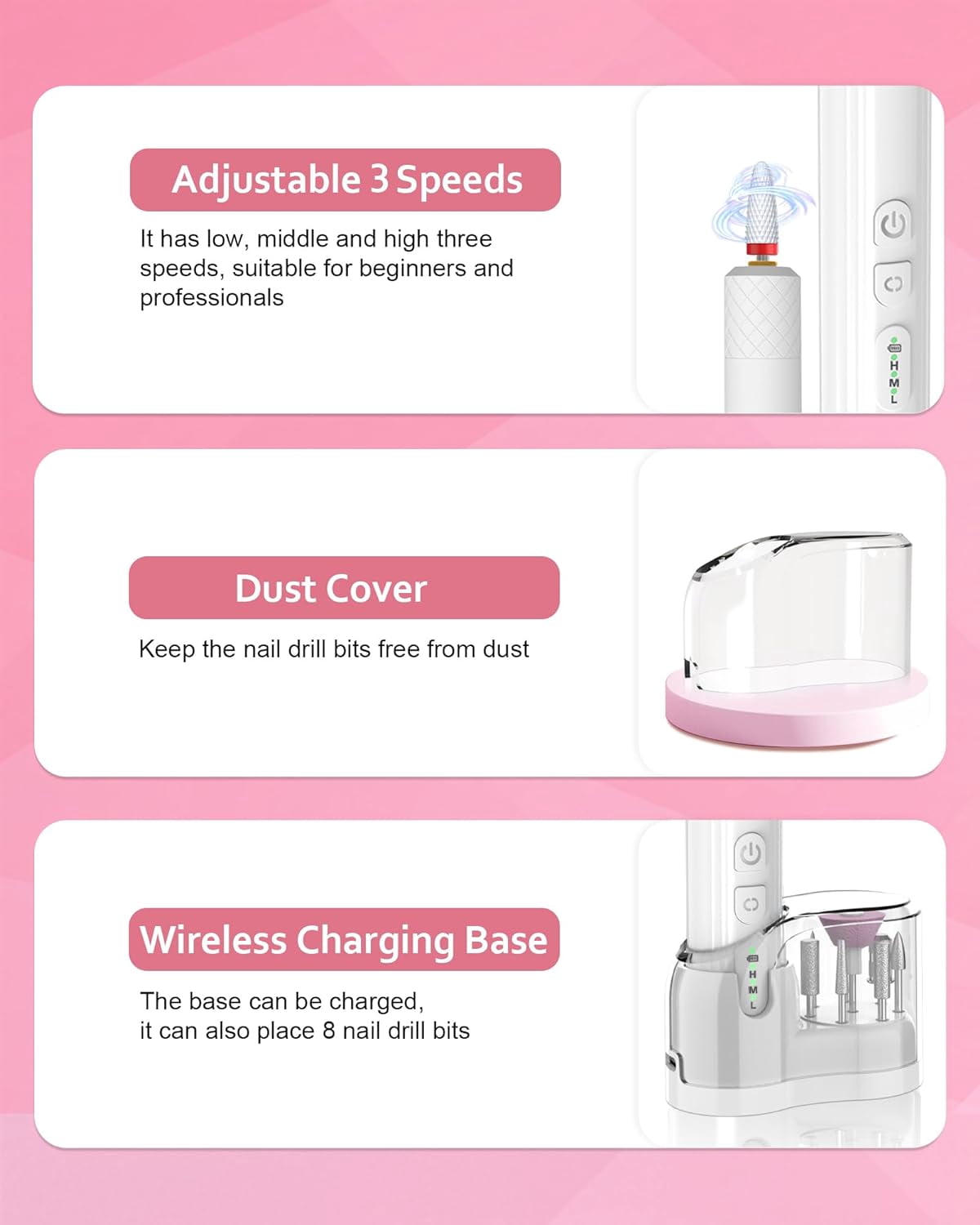 Professional Nail Drill for Acrylic Nails Gel, Protable Electric Cordless Nail Files Efile Manicure Kit Rechargeable for Acrylic Polish Women