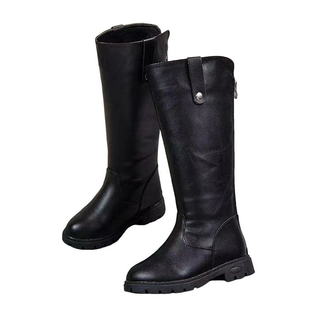 Pandaie Girls' Knee High Boots Kids Leather Riding Combat Booties Side Zipper Non Slip Winter Dress Shoes Black 11