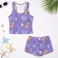 thumbnail image 5 of COEQINE Two Piece Taniki Swimsuit for Girls, Round Neck Top with Shorts Racerback Swimwear with Chest Pad, Modest Bathing Suit for 6-7 Year Olds, Easy Care, Seahorse Coral Floral Purple, 5 of 8