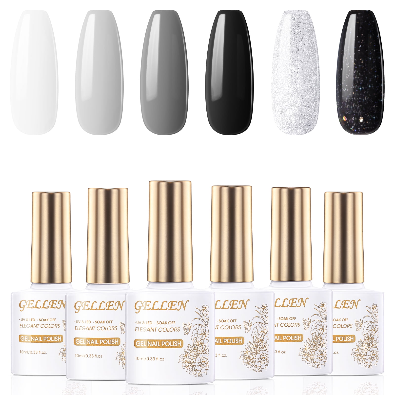 Gellen Gel Nail Polish Kit, 6 Glitter Black White Silver Colors, All