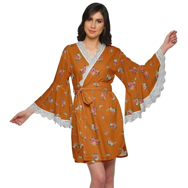 Moomaya Robe Courte Imprimée pour Mariée Préparation Manches Cloche Peignoir Femmes Enveloppe