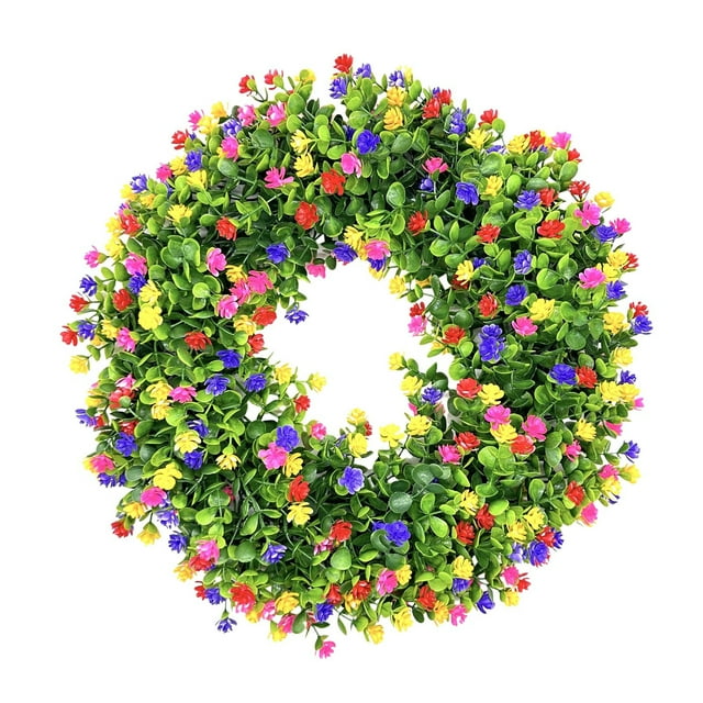 Renjiang 15 inch Flower Wreath Spring Door Wreath Artificial Summer Wreath Spring Decorations with Colorful Silk Flowers for Home Wedding Farmhouse Holiday Decor