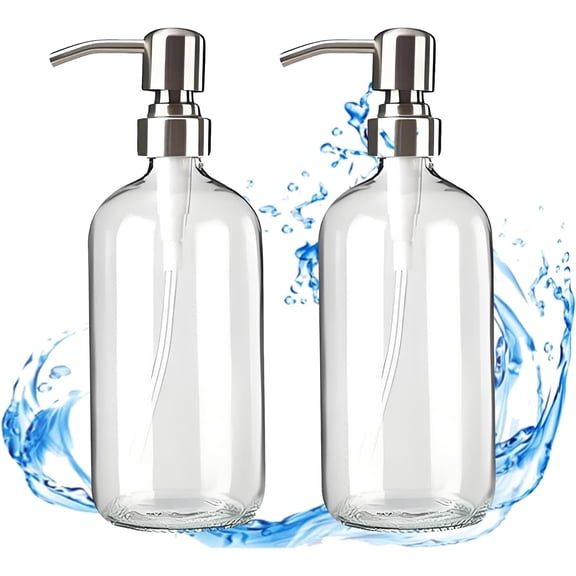 Soap Dispenser, 2 Pack Glass Soap Dispenser with Pump Stainless Steel, Soap Dispenser Bathroom, 17OZ Hand Soap Dispenser, Dish Soap Dispenser Kitchen, Clear Soap Dispenser