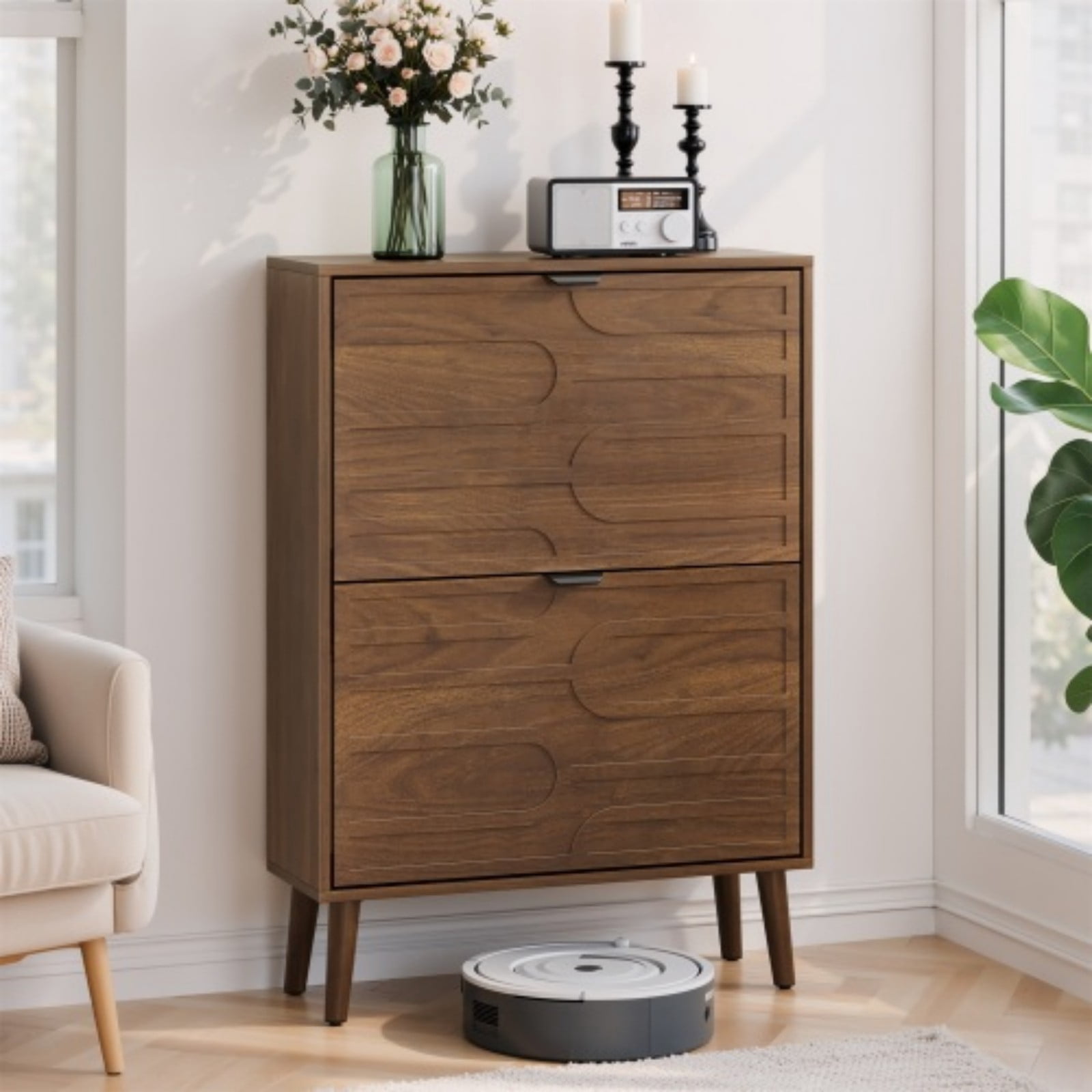 Medieval Modern Shoe Cabinet, 24" Walnut Entryway Shoe Storage Cabinet with 2 Flip Drawers, Slim Freestanding Shoe Organizer for Hallway, Corridor, Entryway