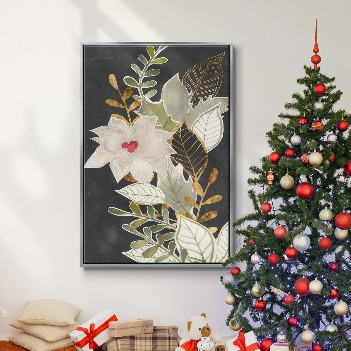 Gilded Christmas Collection B - Framed Gallery Wrapped Holiday Canvas - 25 x 37 - Silver Frame