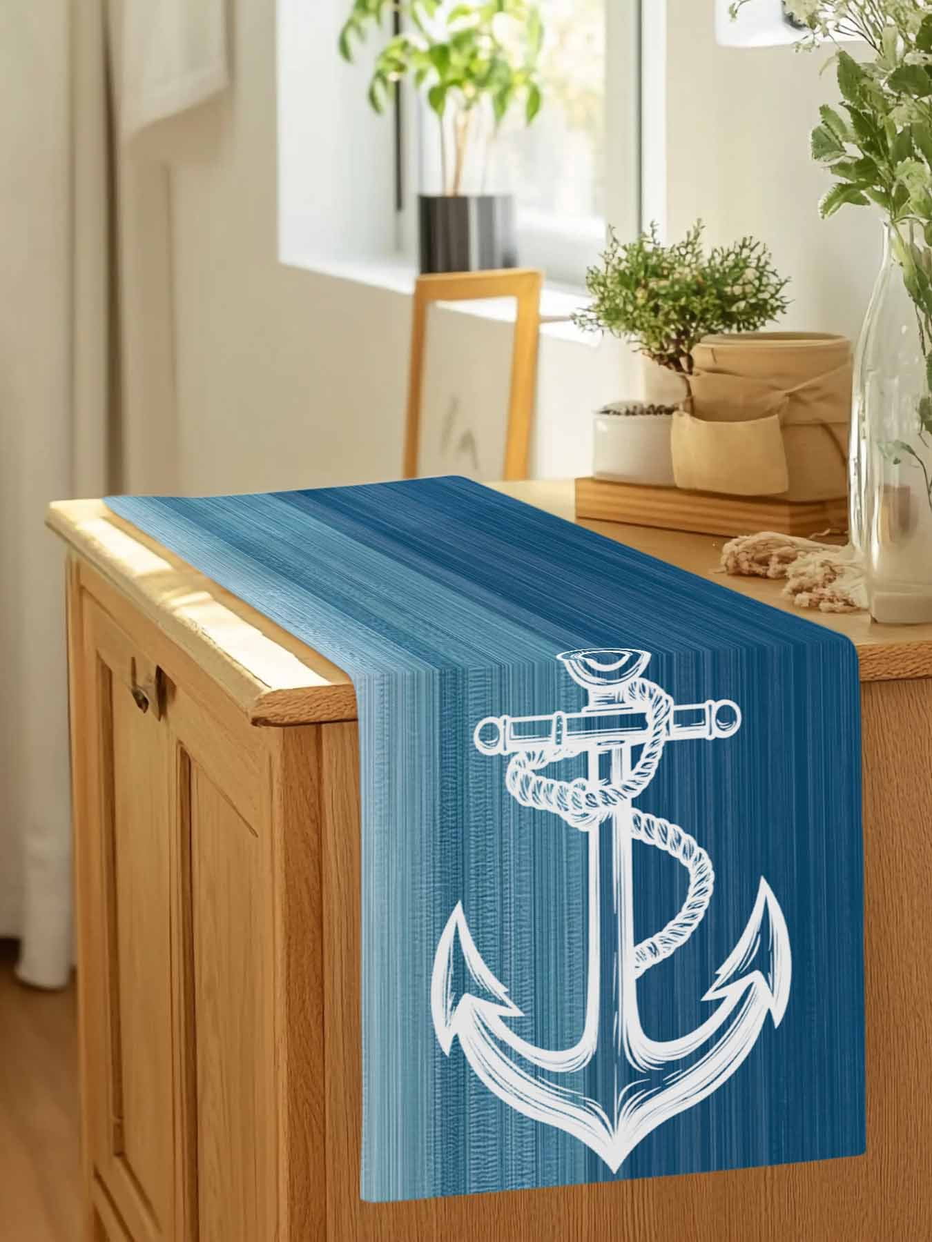 Ocean Nautical Anchor Table Runner 90 Inches Long, Gradient Blue Stripes Table Runners Tabletop Scarf Kitchen Dining Tables Decoration for Home Party Indoor Outdoor