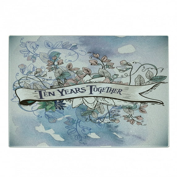 Anniversary Cutting Board, Creative Sketch Artwork with Leaves and 10 Years Together Lettering on Ribbon, Decorative Tempered Glass Cutting and Serving Board, in 3 Sizes, by Ambesonne