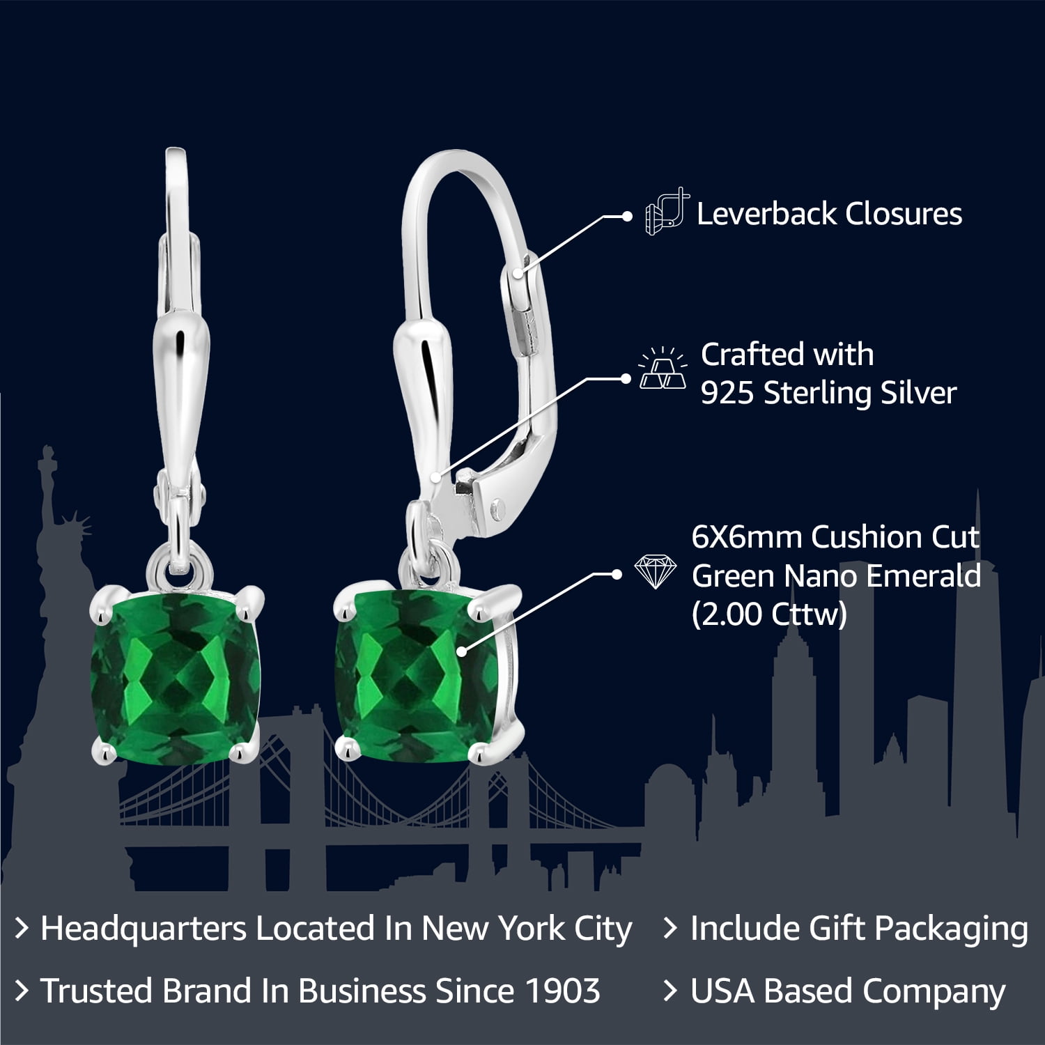 Gem Stone King 925 Sterling Silver Green Nano Emerald Dangle Earrings for Women (2.00 Cttw, Gemstone May Birthstone, Cushion 6MM)