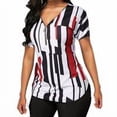 thumbnail image 3 of Femmes T-shirt V Cou à Rayures Top Manches Courtes Fermeture Éclair Slim Chemisier, Rouge, 4XL, 3 of 5
