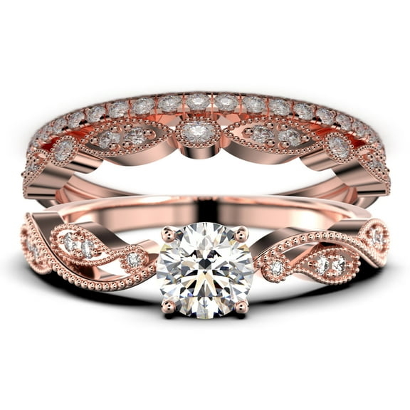 Dazzling Boho & hippie 2.25 Carat Round Cut Diamond Moissanite Classic Inspired Engagement Ring, Unique Twist Band Wedding Ring in 10k Solid Rose Gold, Promise Ring, Two Matching Band