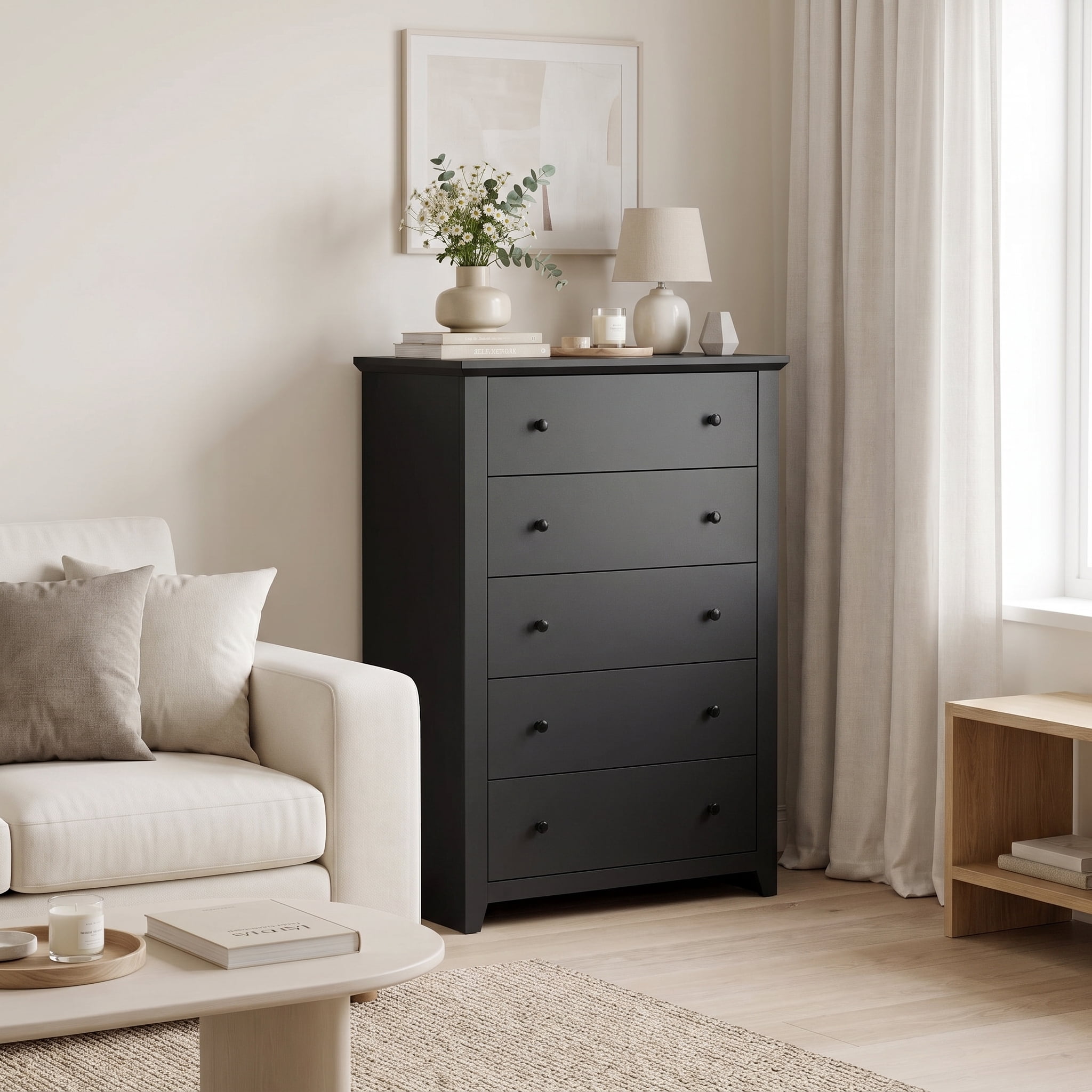 TrumanPick Black Dresser Tall 5 Drawer Dressers for Bedroom Wood Chest of Drawers for Living Room Hallway Entryway 47.2"H x 31.1"W x 15.7"D