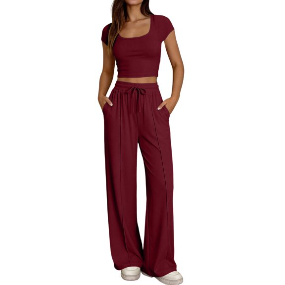 Dagugfen Workout Sets for Women Short Sleeve Crew Neck Fitness Tops Loose Fitted Elastic Waist Full Length Pants Breathable Athletic Casual Sets(XL,Wine)