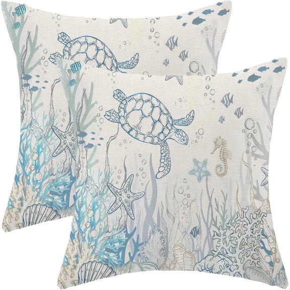Nautical Coastal Pillow Covers 18x18 Set of 2 Turtle Coral Starfish Seashell Ocean Themed Decorative Cushion Cover Beach Throw Pillow Covers Linen for Home Sofa Couch Outdoor Decor