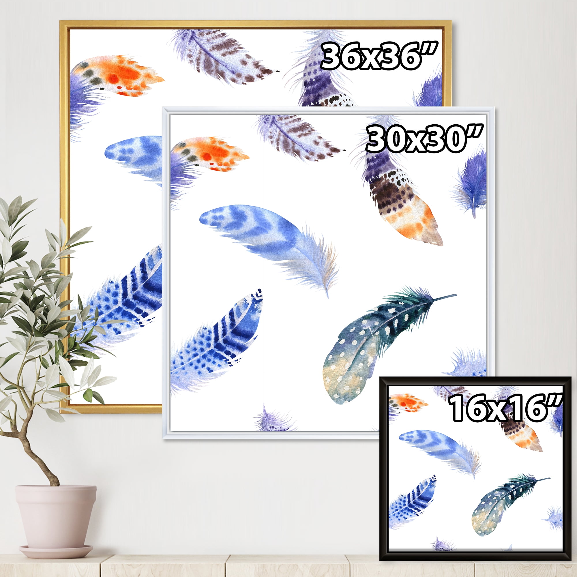 Designart 'Colourful Boho Feather Set On White VII' Bohemian & Eclectic Framed Canvas Wall Art Print