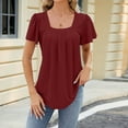 thumbnail image 3 of BLVB Summer Tops for Women Square Neck Short Sleeve Eyelet Tunic Shirts Casual Pleated Solid Color Going out Blouse, 3 of 5