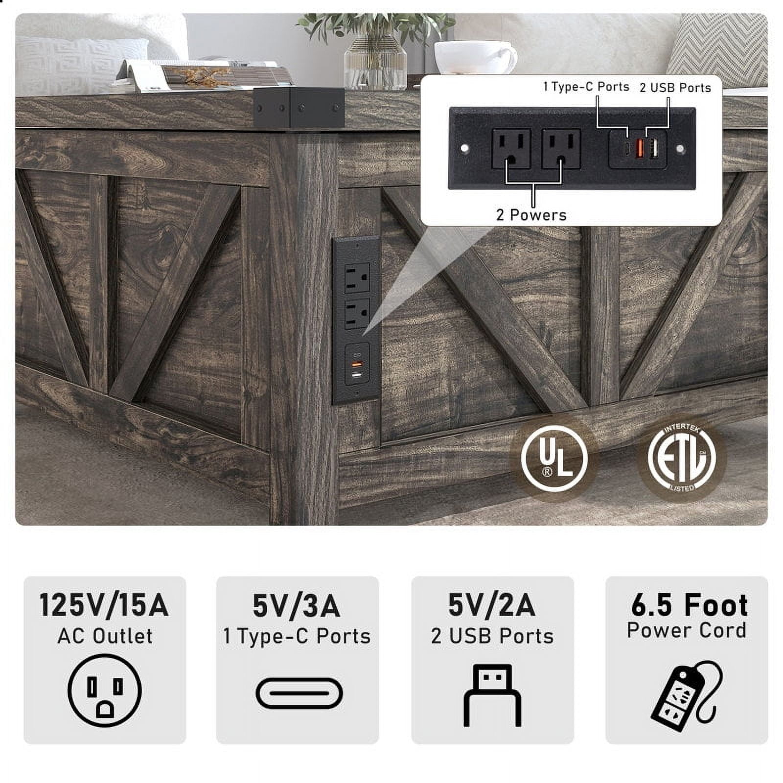 35.6" Lift Top Coffee Table with Storage, Farmhouse Square Coffee Table with Charging Ports, Wood Center Table w/Large Hidden Space for Living Room Home Office,Dark Grey