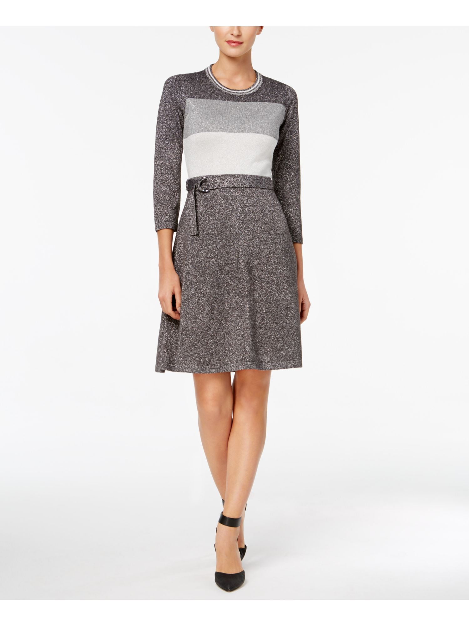 CALVIN KLEIN $134 Womens New 1249 Silver Color Block A-Line Dress M Petites  B+B 