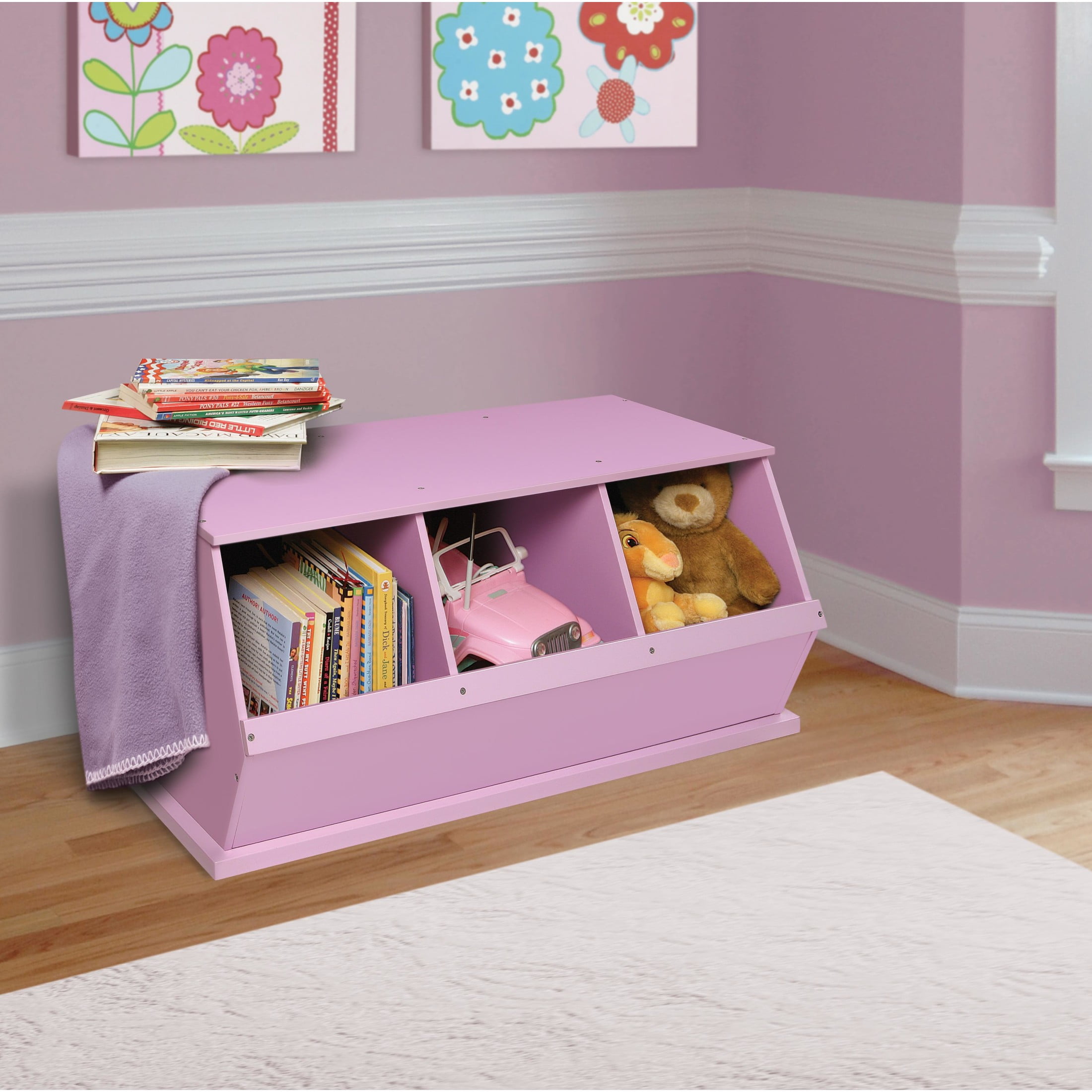 Badger Basket Children's Wood 3-Bin 33 gal Toy Storage Cube, Lilac