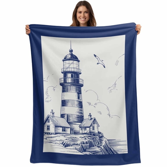 Flannel Fleece Throw Blanket Ocean Lighthouse Seagull Island House Lightweight Soft Plush Blankets,Dark Blue Stripes Cozy Warm Throw Blanket for Couch Sofa Bed Car Office All Season Use 40x50in