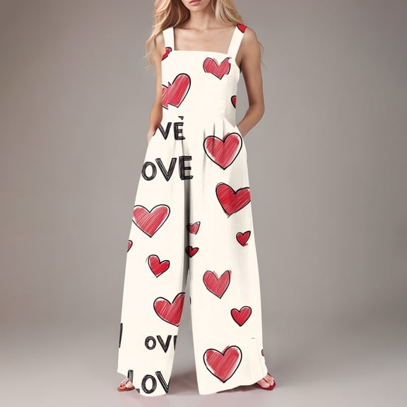 Haivin Women's Jumpsuit, Loose Fit with Button Front and Pockets, Valentine Print for Date Night and Daily Wear