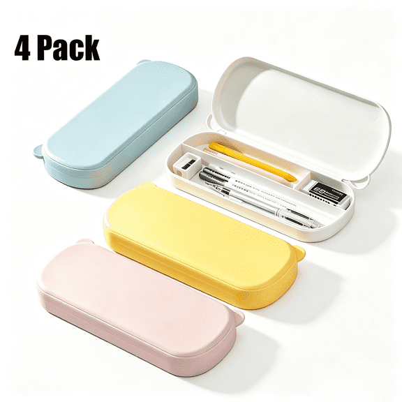 4Pack Pencil Case Hard Plastic Pencil Box Snap-Tight Lid Stackable Pen Case